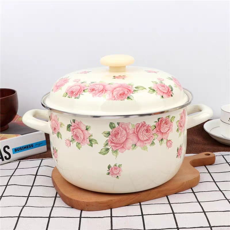 Soup Kettle Warmer - Thickened 16-24cm Elegant Pink Rose Enamel